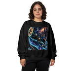 Front-facing model wearing a women's crewneck sweatshirt decorated with a whale traveling along curving trails of light through a galaxy