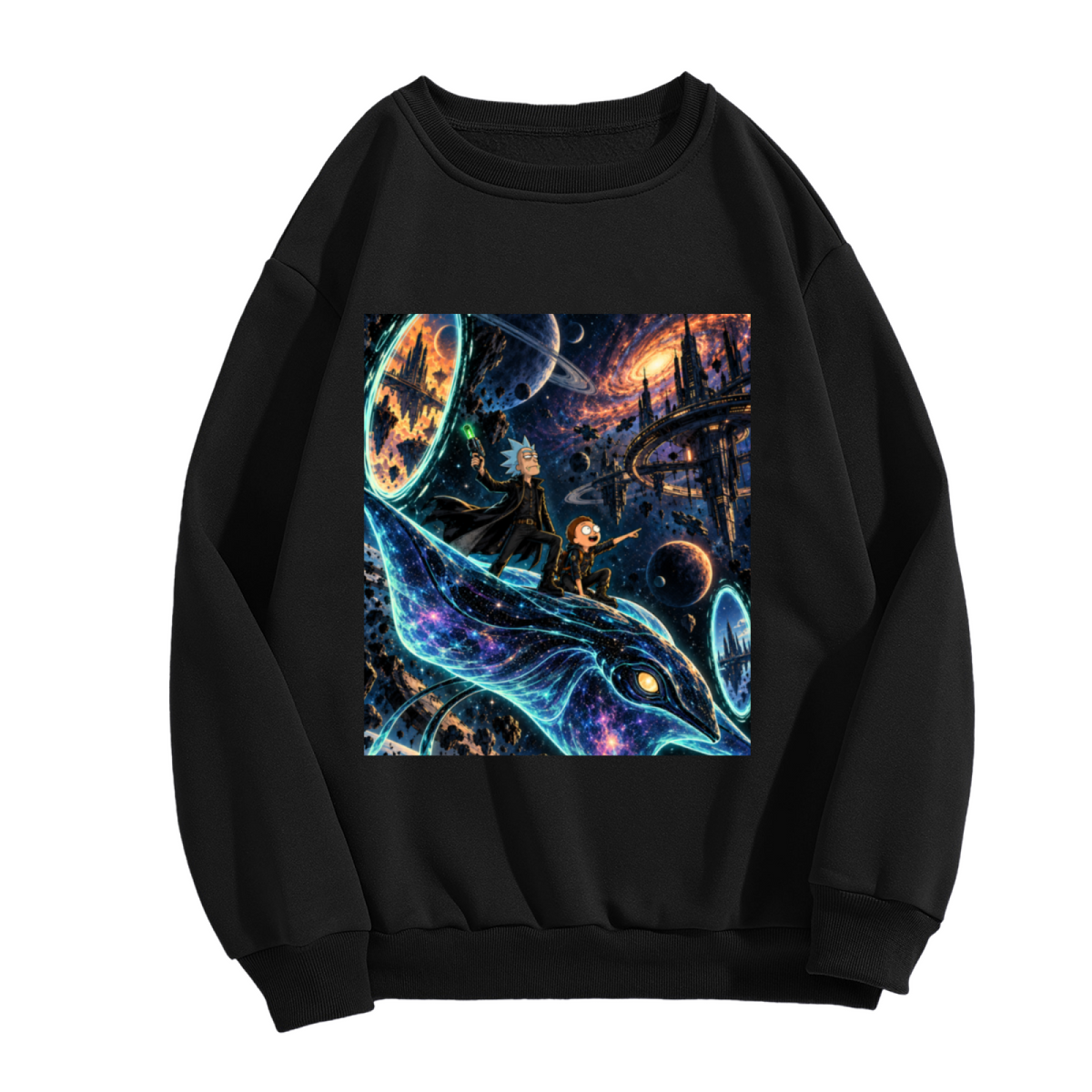 A whale traveling along curving trails of light through a galaxy shown on the front of a women's crewneck sweatshirt in a standalone product shot