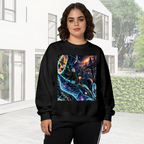 Outdoor photograph of a model in a women's crewneck sweatshirt bearing a whale traveling along curving trails of light through a galaxy