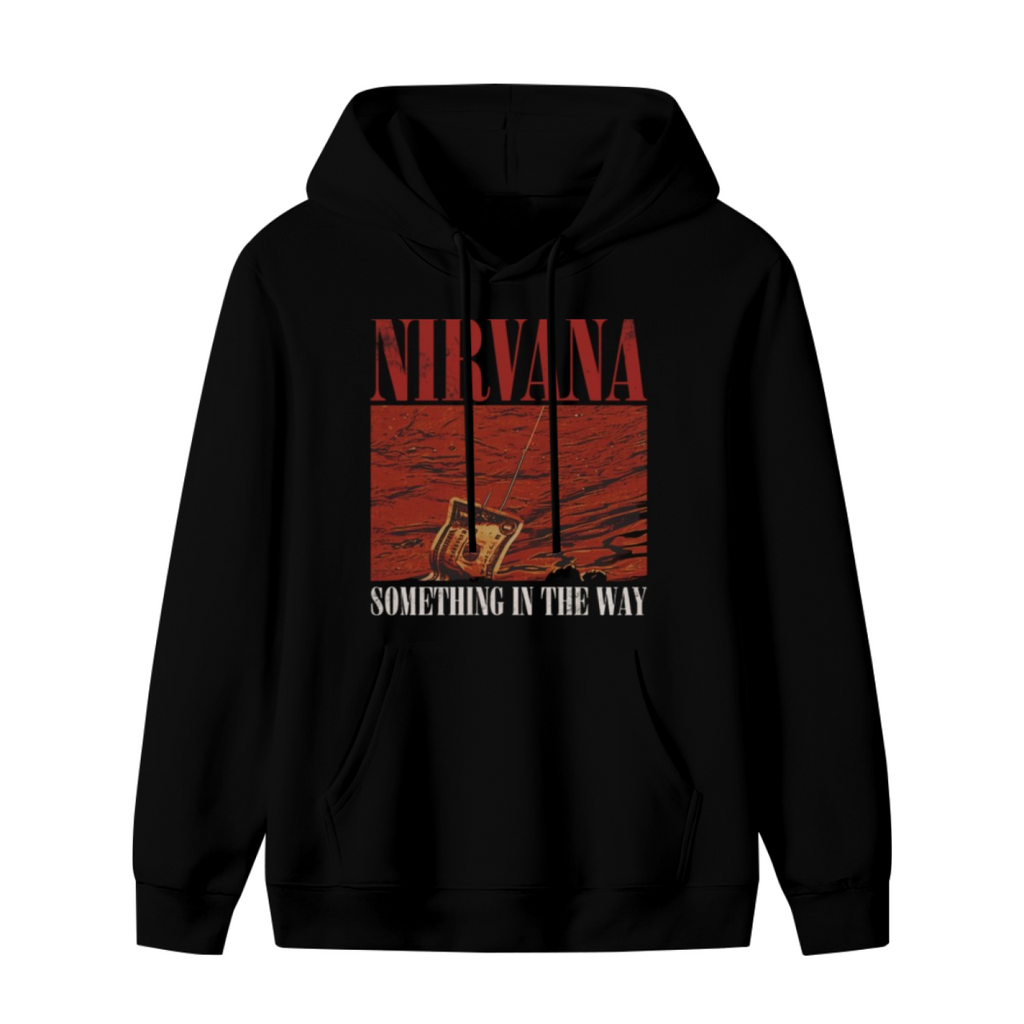 Nirvana Something in the Way Red Radio Hoodie, product image featuring the red radio-inspired artwork design