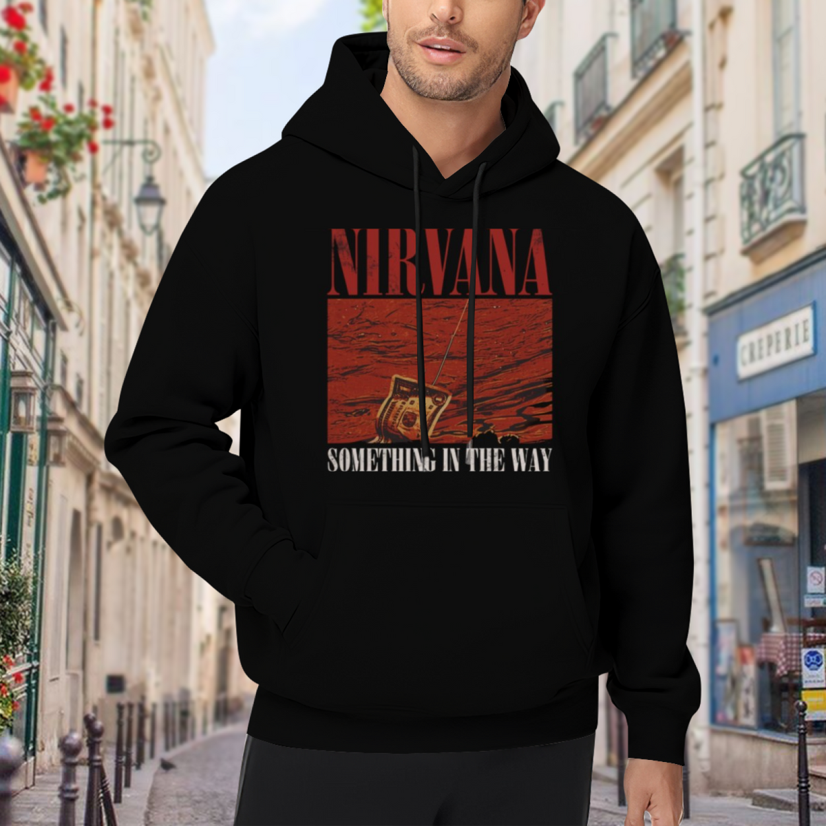 Nirvana Something in the Way Red Radio Hoodie, product listing image of the red radio-inspired artwork graphic