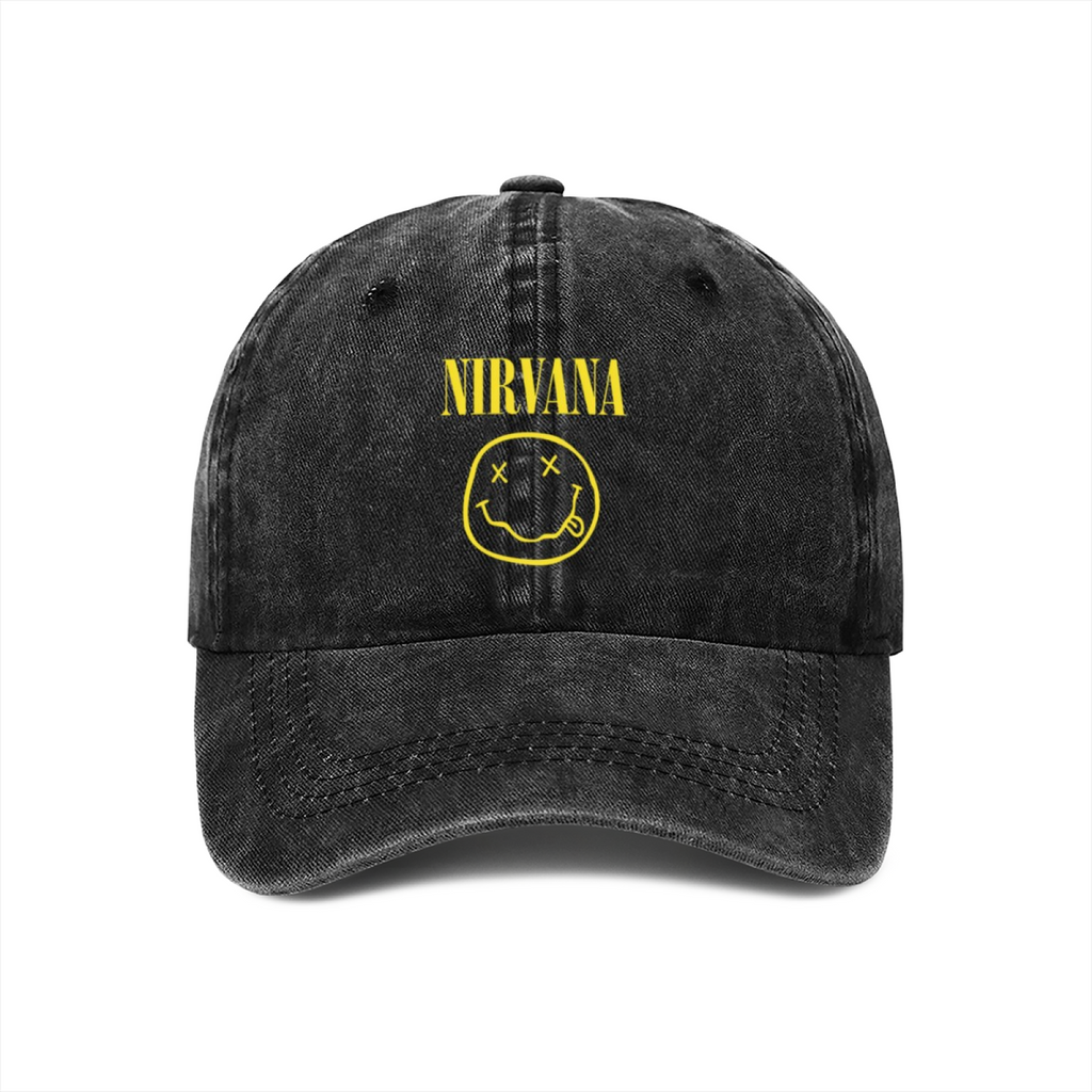 Black Nirvana Classic Smiley Washed Baseball Cap; classic Nirvana smiley face motif