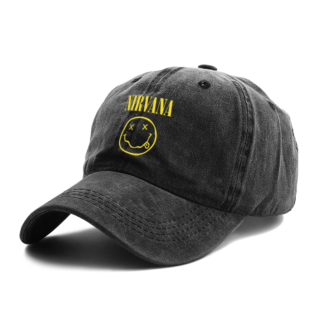 Gray Nirvana Classic Smiley Washed Baseball Cap; classic Nirvana smiley face motif