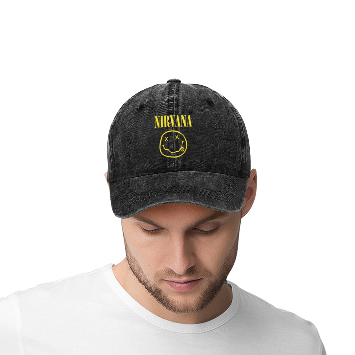 Nirvana Classic Smiley Washed Baseball Cap; classic Nirvana smiley face motif