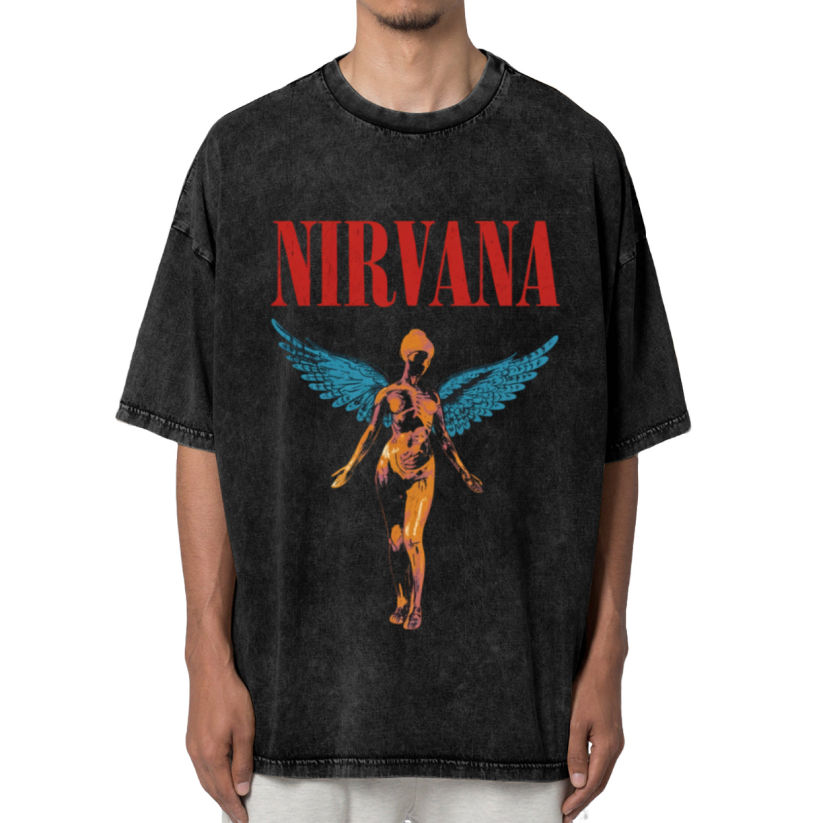 Nirvana In Utero Winged Angel Washed Tee in Black, product image showing an In Utero-themed winged angel graphic with red lettering and blue wing details.