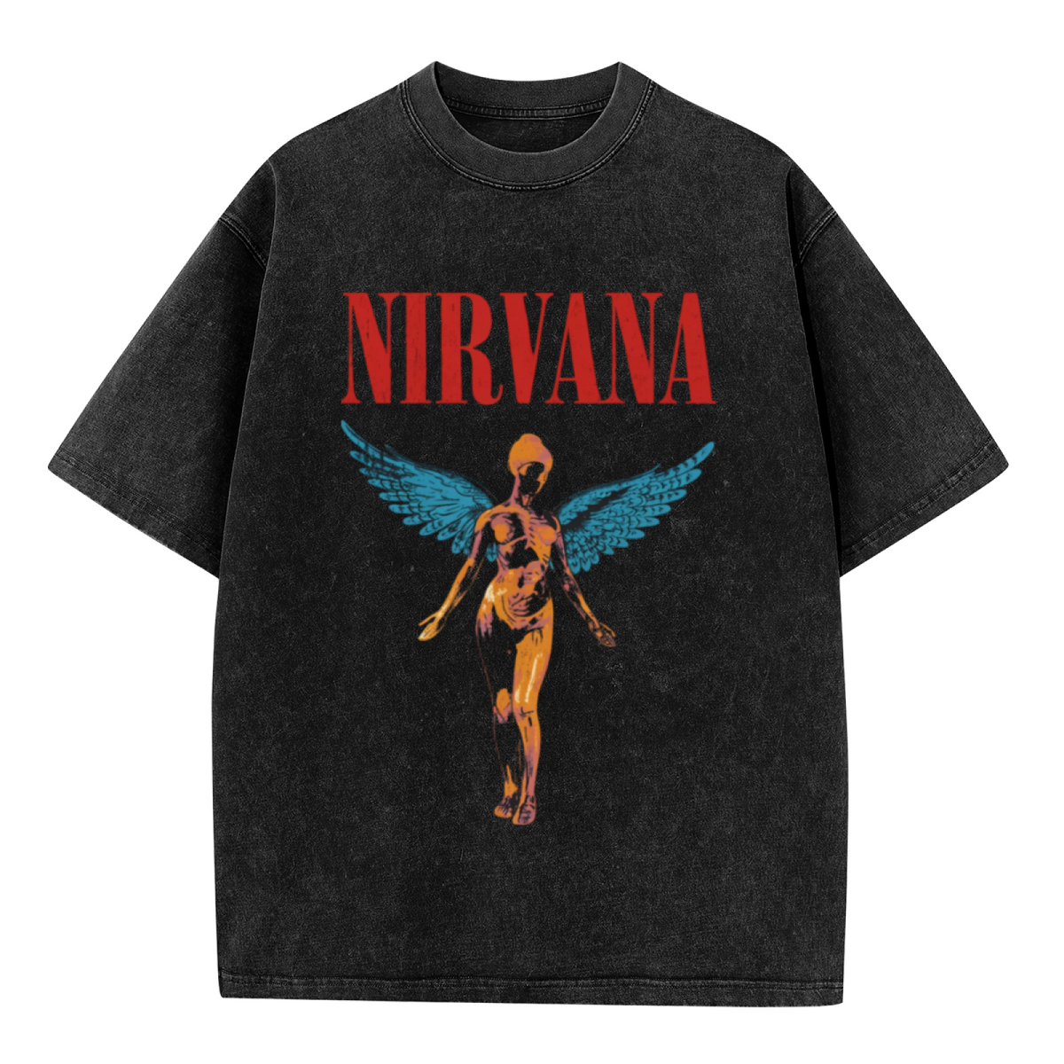 Nirvana In Utero Winged Angel Washed Tee in Black, product image showing an In Utero-themed winged angel graphic with red lettering and blue wing details.