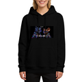 Women's hoodie seen on a model, its front graphic depicting a cartoon cat and mouse against a neon-toned backdrop