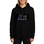 Women's hoodie seen on a model, its front graphic depicting a cartoon cat and mouse against a neon-toned backdrop