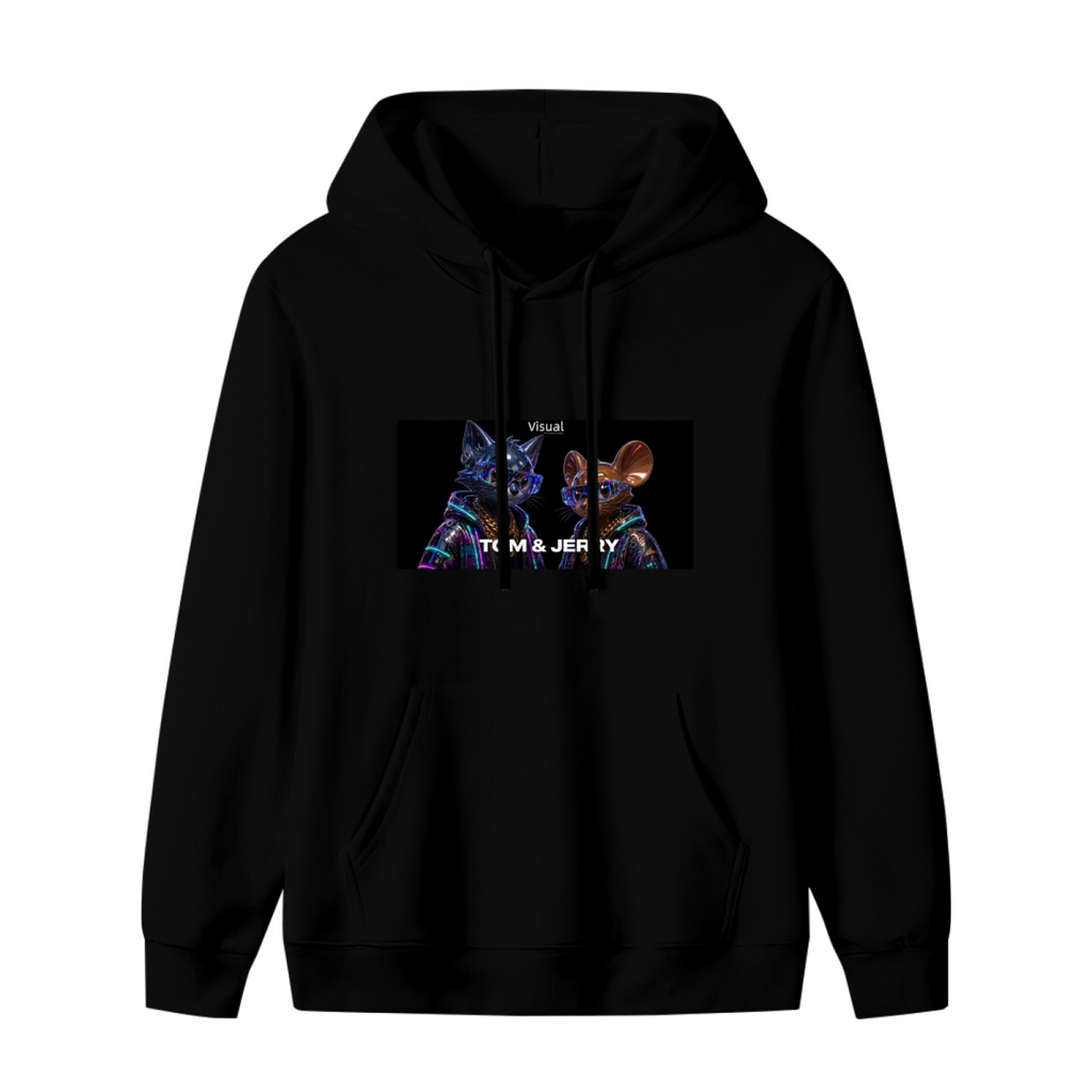 Front garment photograph: women's hoodie decorated with a cartoon cat and mouse against a neon-toned backdrop