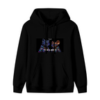 Front garment photograph: women's hoodie decorated with a cartoon cat and mouse against a neon-toned backdrop