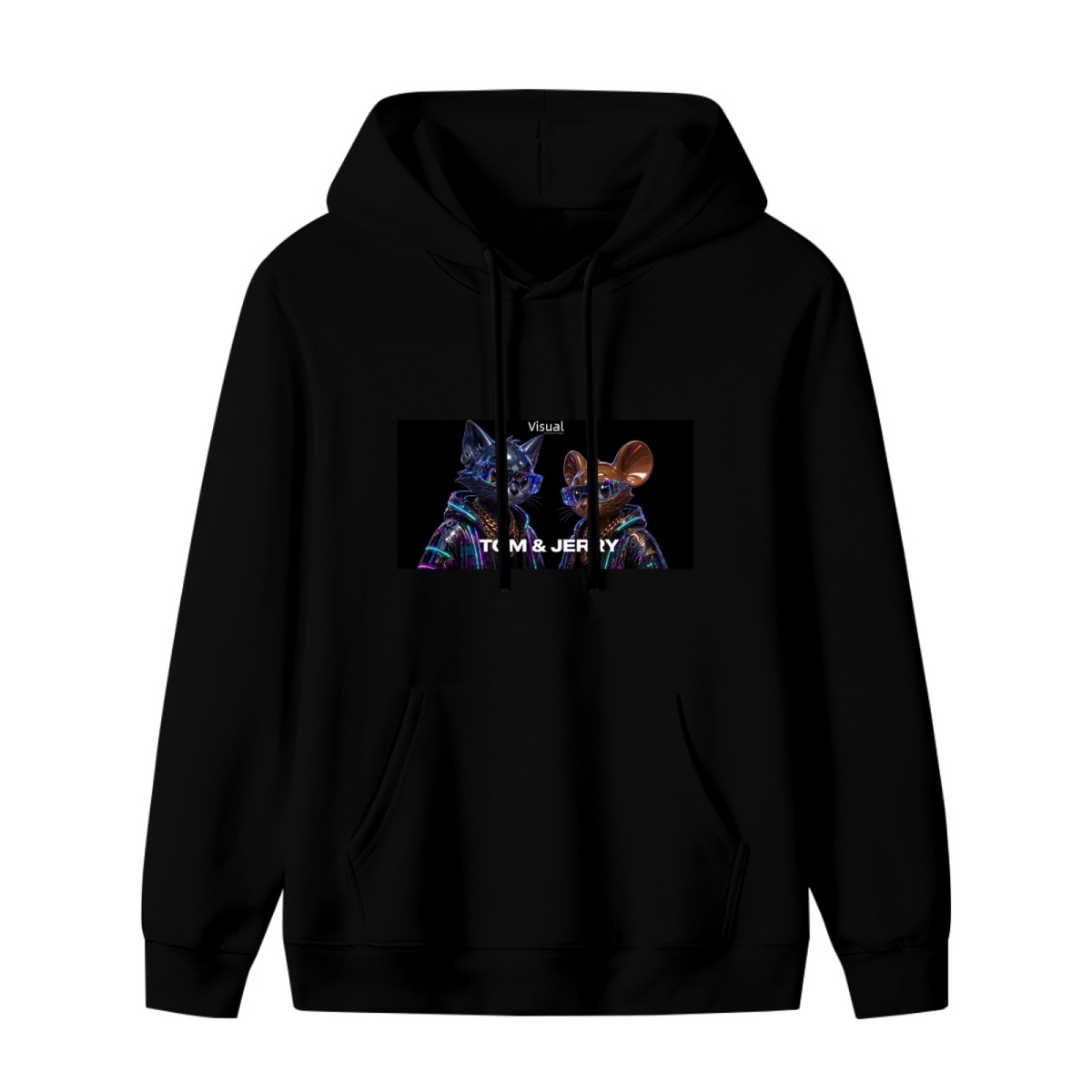 Front garment photograph: women's hoodie decorated with a cartoon cat and mouse against a neon-toned backdrop