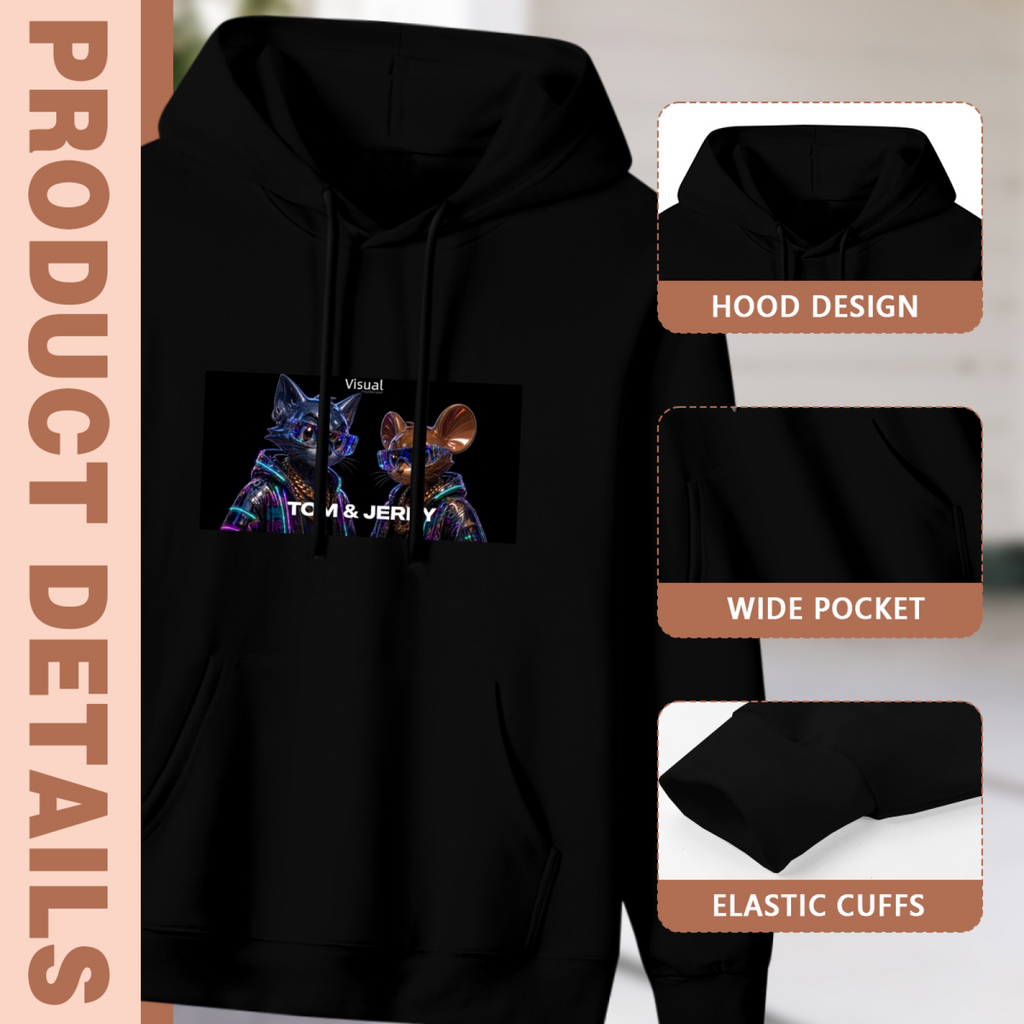 Women's Cat and Mouse in Night Colors hoodie product-feature illustration with close views of the hood, pocket and cuffs