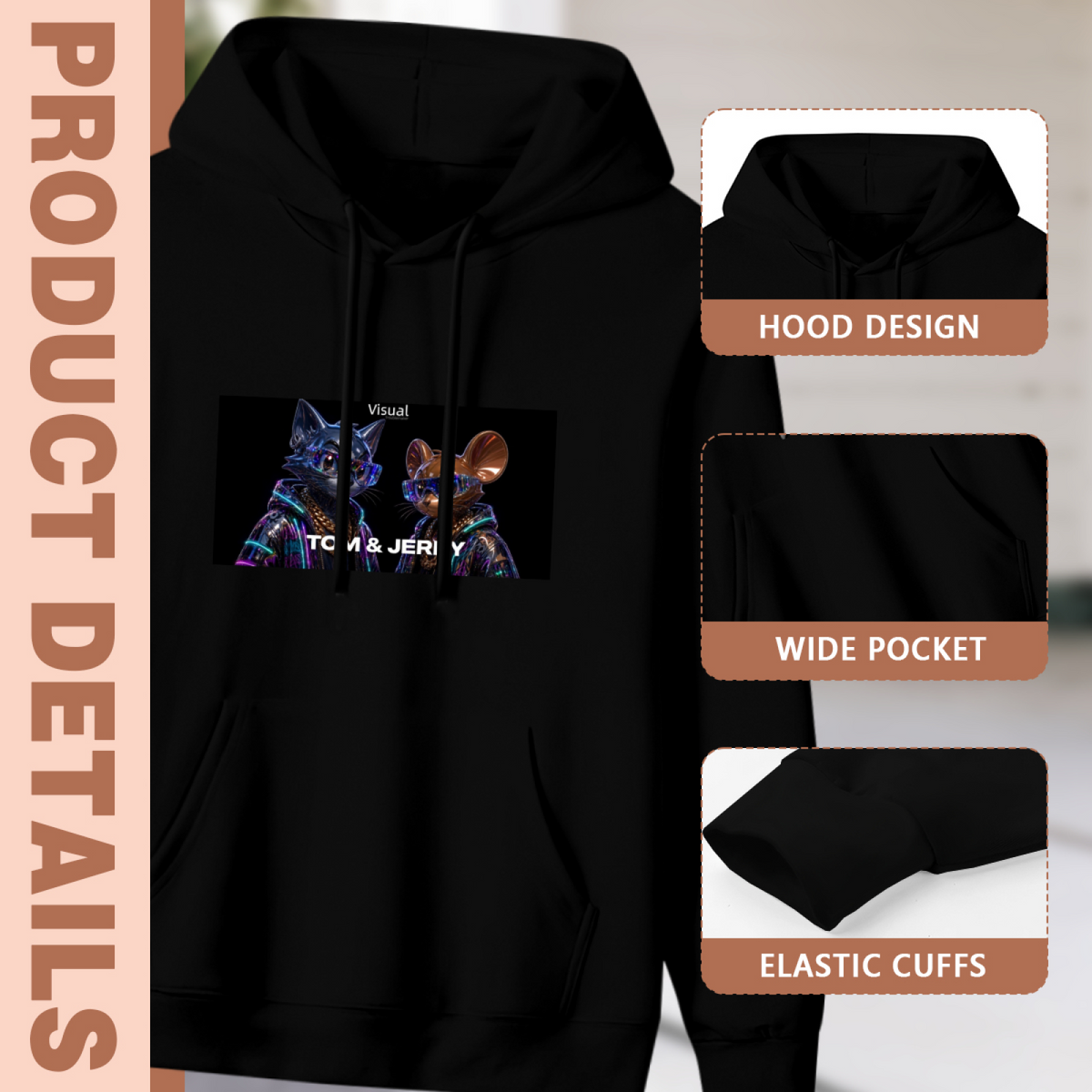 Women's Cat and Mouse in Night Colors hoodie product-feature illustration with close views of the hood, pocket and cuffs
