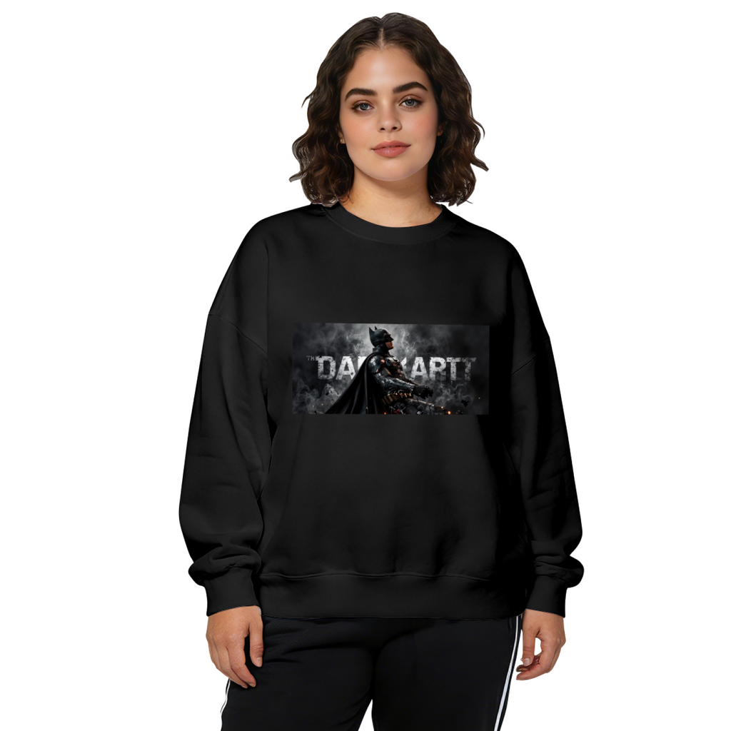 Studio photograph of a model in a women's crewneck sweatshirt showing an armored figure in a smoky grayscale panel with lettering