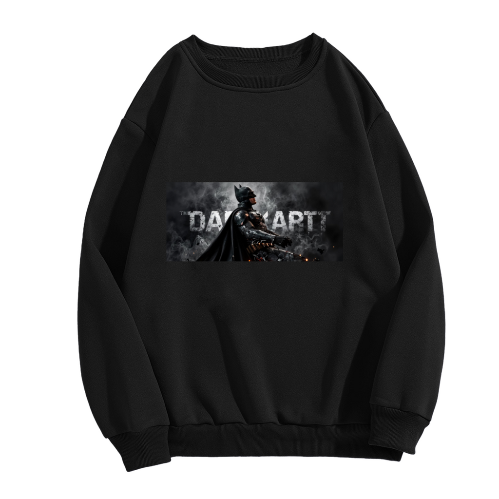 Standalone women's crewneck sweatshirt front displaying a graphic of an armored figure in a smoky grayscale panel with lettering