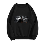 Standalone women's crewneck sweatshirt front displaying a graphic of an armored figure in a smoky grayscale panel with lettering