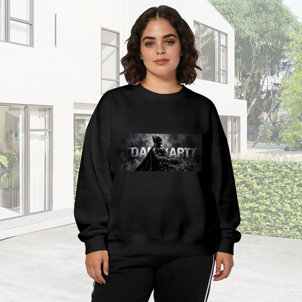 Women's crewneck sweatshirt worn outside, with the camera facing the graphic of an armored figure in a smoky grayscale panel with lettering