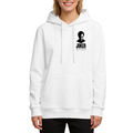 Studio photograph of a model in a women's hoodie showing a small clown silhouette and ink-style lettering