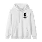 Standalone women's hoodie front displaying a graphic of a small clown silhouette and ink-style lettering