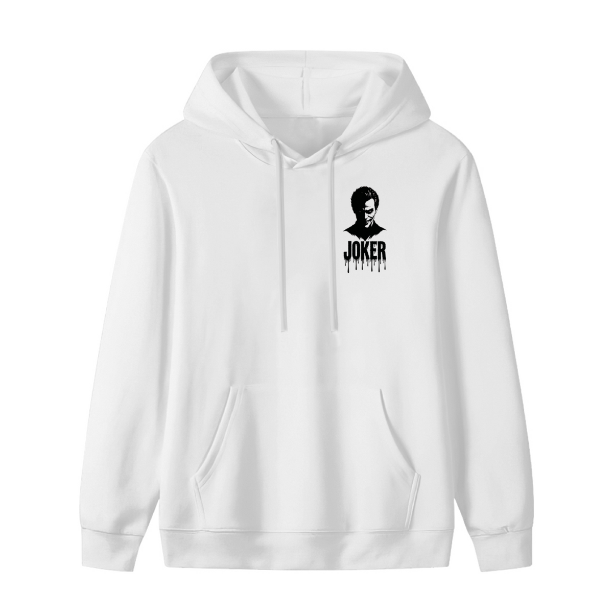 Standalone women's hoodie front displaying a graphic of a small clown silhouette and ink-style lettering