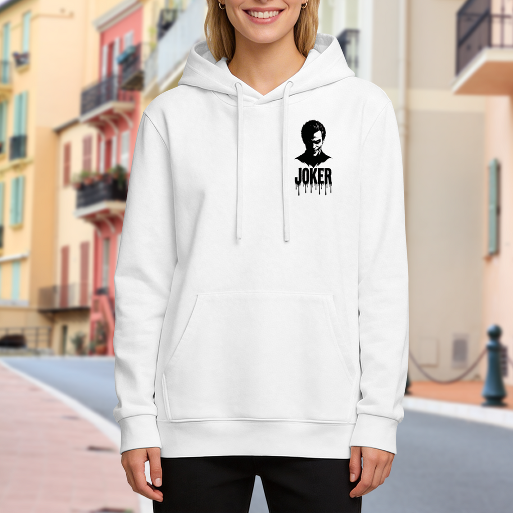 Women's hoodie worn outside, with the camera facing the graphic of a small clown silhouette and ink-style lettering