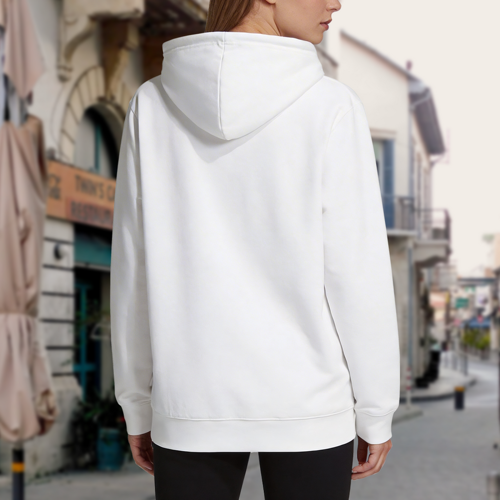 Outdoor view from behind of a model wearing the women's Ink Profile with a Twist hoodie with its plain rear visible