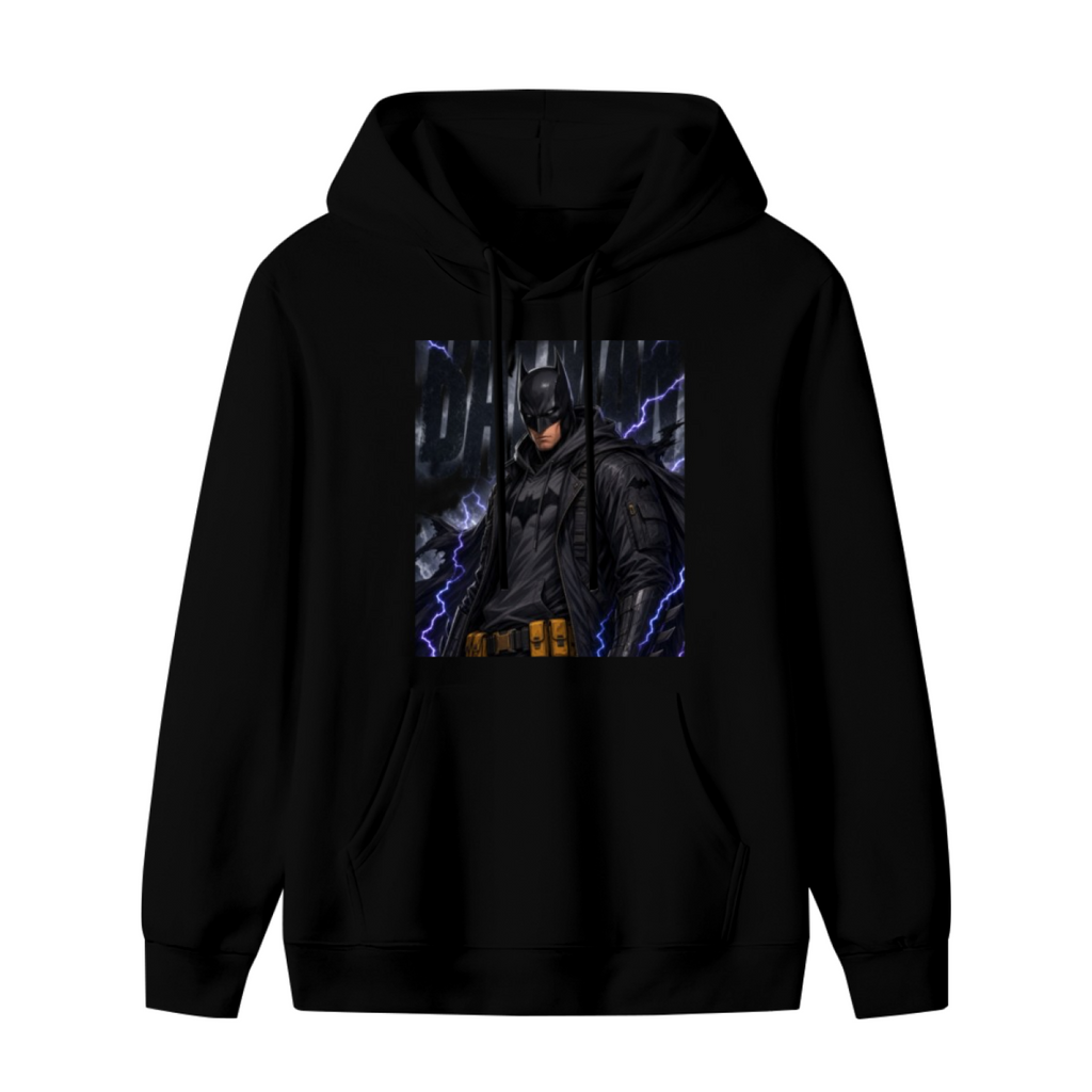 Front garment photograph: men's hoodie decorated with a watchful armored figure surrounded by violet lightning