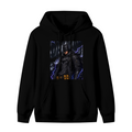 Front garment photograph: men's hoodie decorated with a watchful armored figure surrounded by violet lightning