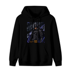 Front garment photograph: men's hoodie decorated with a watchful armored figure surrounded by violet lightning