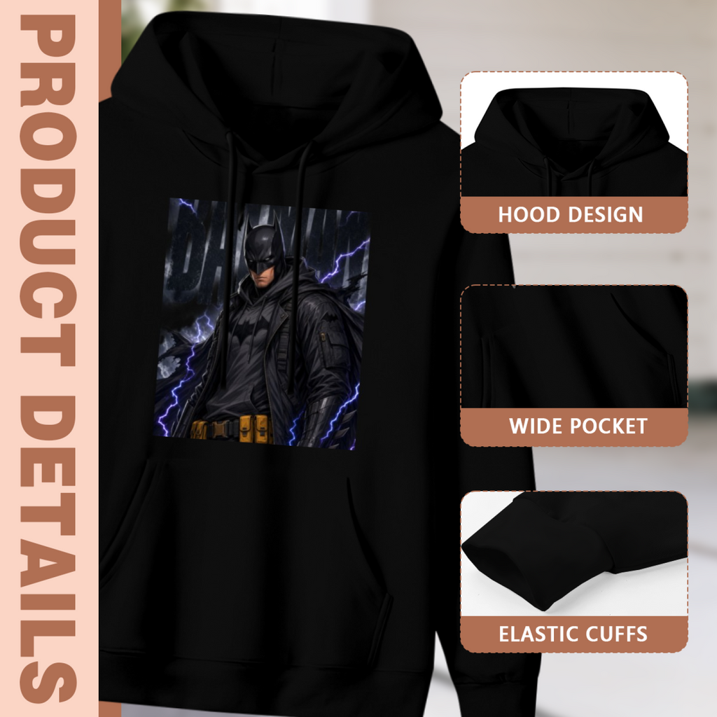 Men's Armor in a Violet Storm hoodie product-feature illustration with close views of the hood, pocket and cuffs