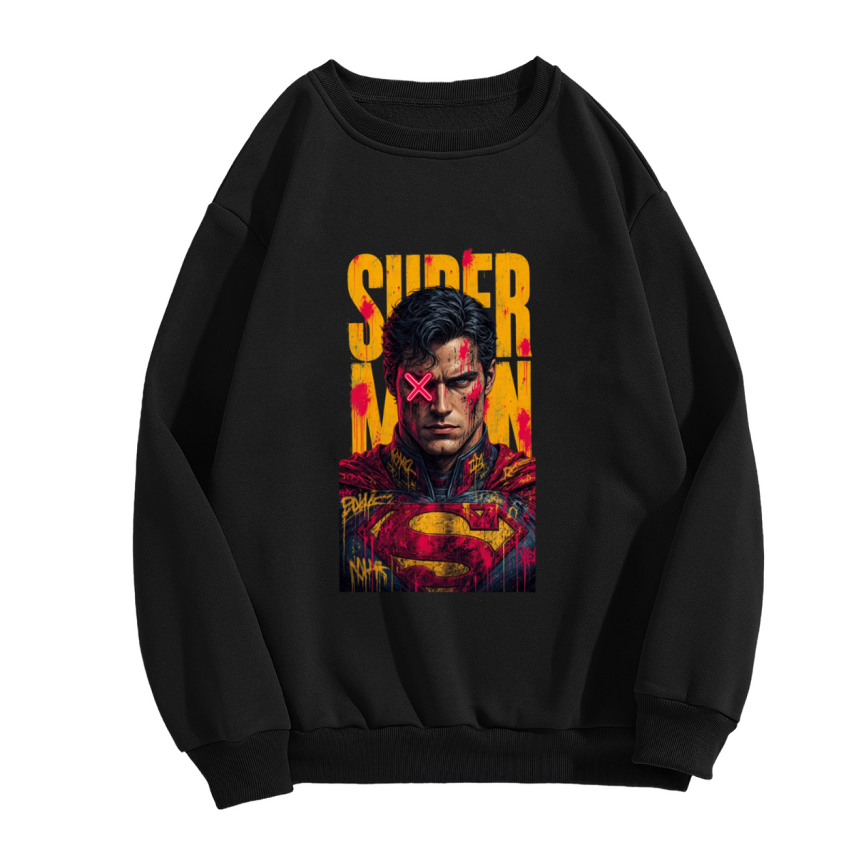 A tall caped graffiti portrait with a pink X across the eyes shown on the front of a women's crewneck sweatshirt in a standalone product shot