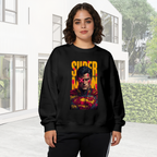 Outdoor photograph of a model in a women's crewneck sweatshirt bearing a tall caped graffiti portrait with a pink X across the eyes