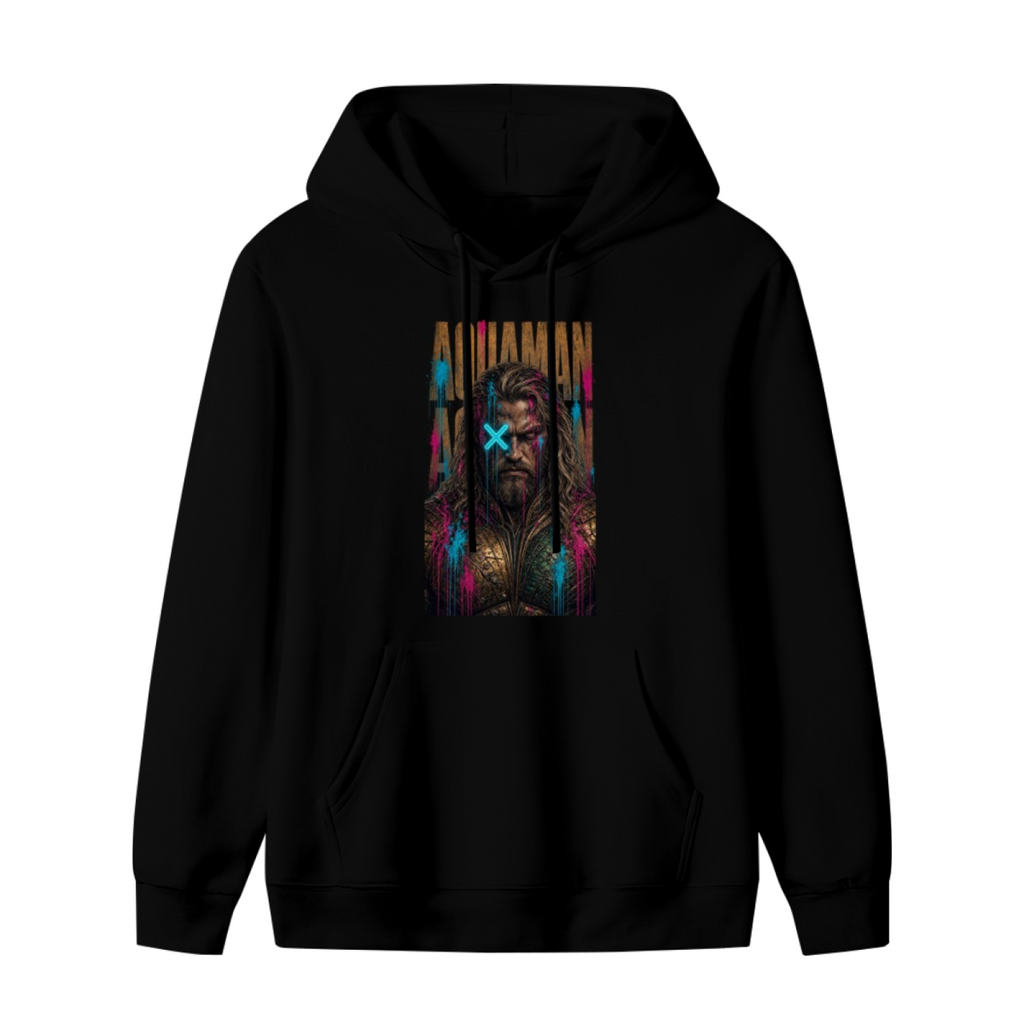 Standalone men's hoodie front displaying a graphic of a tall bearded graffiti portrait with a cyan X across the eyes