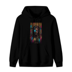 Standalone men's hoodie front displaying a graphic of a tall bearded graffiti portrait with a cyan X across the eyes