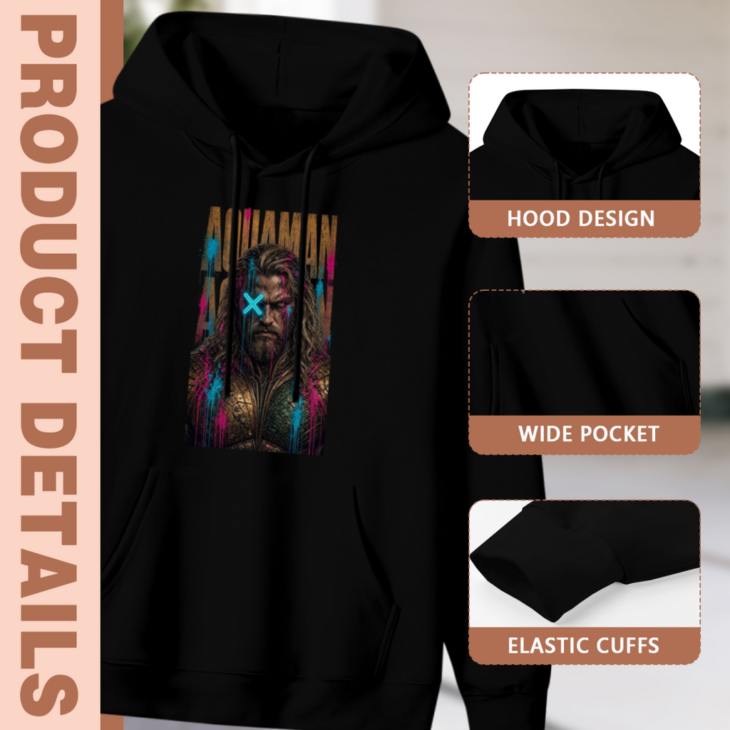 Construction-detail card for the men's Bearded Face with a Cyan X hoodie, including the hood, front pouch and cuff edges