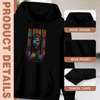 Construction-detail card for the men's Bearded Face with a Cyan X hoodie, including the hood, front pouch and cuff edges