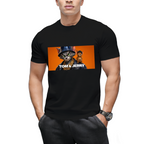 Model wearing a men's T-shirt with playful Cat & Mouse Mischief graphic, front view