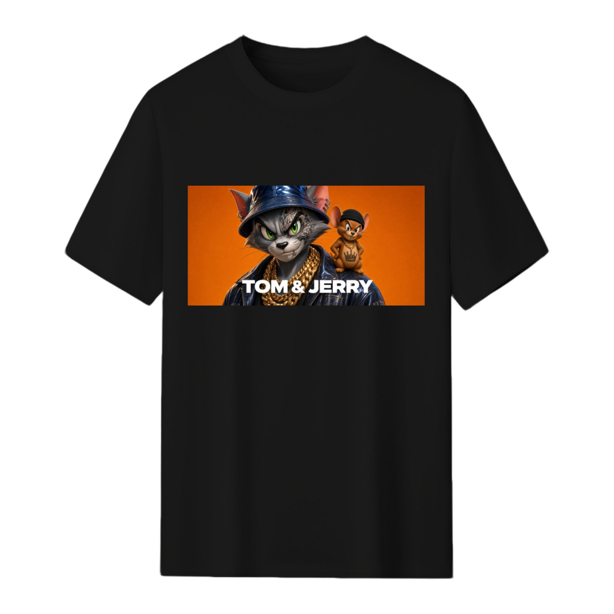 Full front product image of a men's T-shirt featuring playful Cat & Mouse Mischief design