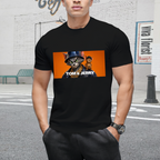 Men's T-shirt with playful Cat & Mouse Mischief graphic shown on a model in an outdoor setting