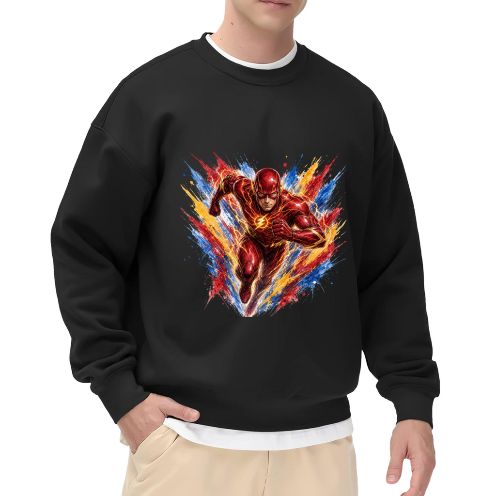 Men's crewneck sweatshirt seen on a model, its front graphic depicting a masked runner moving through an explosion of multicolored brushstrokes
