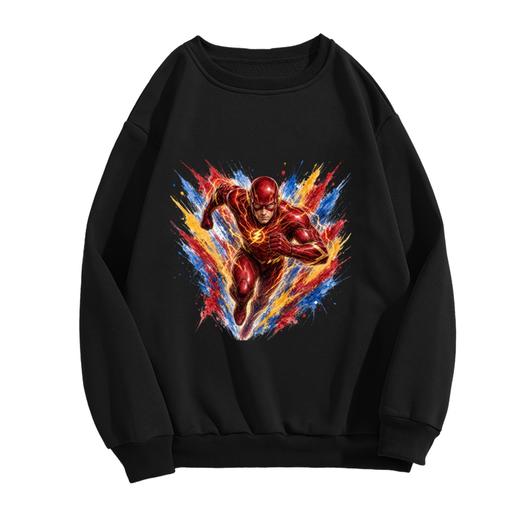 Front garment photograph: men's crewneck sweatshirt decorated with a masked runner moving through an explosion of multicolored brushstrokes