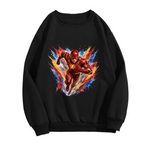 Front garment photograph: men's crewneck sweatshirt decorated with a masked runner moving through an explosion of multicolored brushstrokes