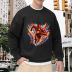A masked runner moving through an explosion of multicolored brushstrokes visible on a men's crewneck sweatshirt in an outdoor front model view