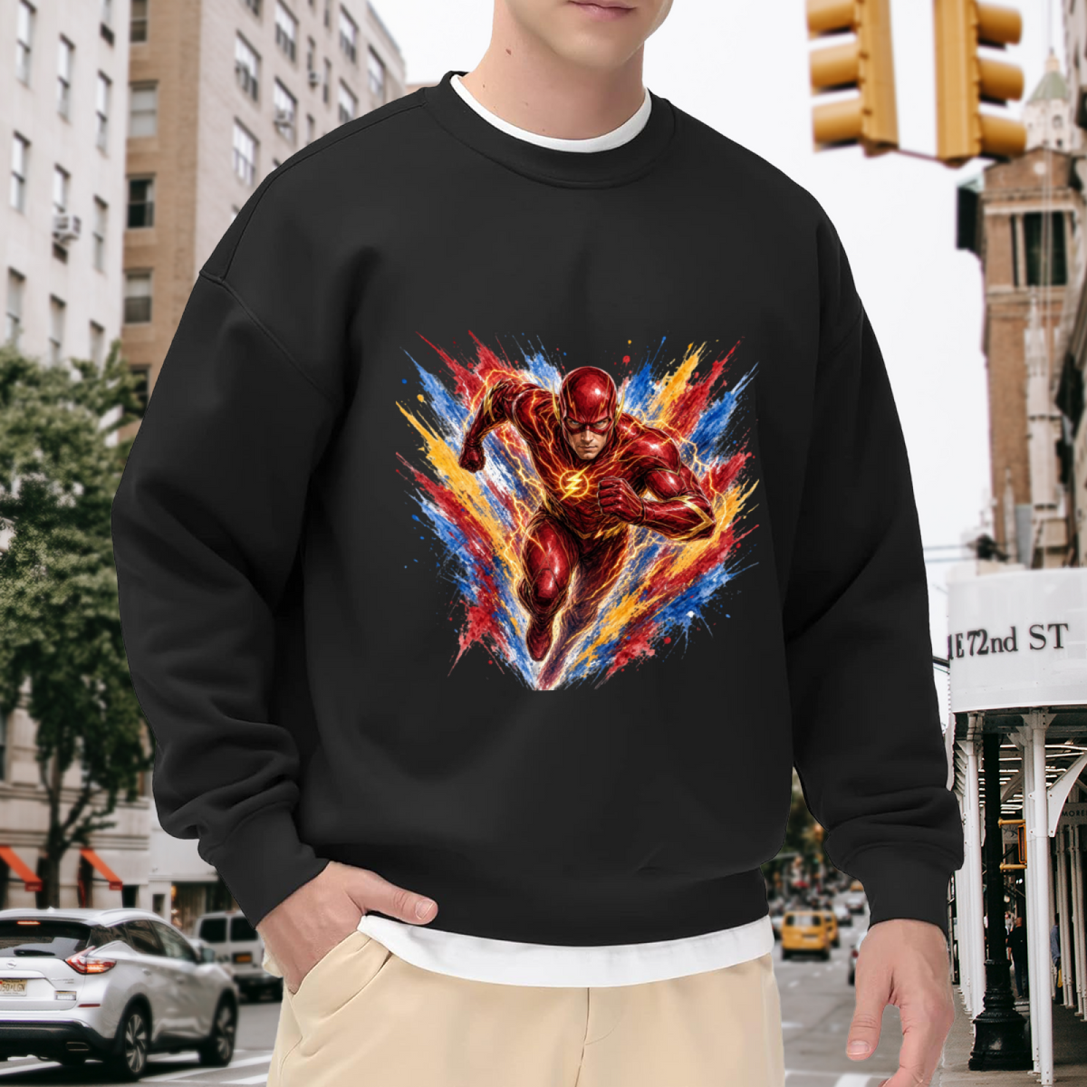 A masked runner moving through an explosion of multicolored brushstrokes visible on a men's crewneck sweatshirt in an outdoor front model view