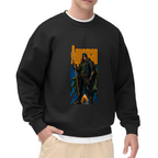 A hooded figure gripping a trident in a tall street-style composition printed on a men's crewneck sweatshirt, shown in a front model photo