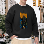 On-location model photograph displaying a hooded figure gripping a trident in a tall street-style composition on the front of a men's crewneck sweatshirt