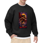 Studio photograph of a model in a men's crewneck sweatshirt showing a lasso-wielding warrior posed before a radiant sun halo