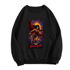 Standalone men's crewneck sweatshirt front displaying a graphic of a lasso-wielding warrior posed before a radiant sun halo
