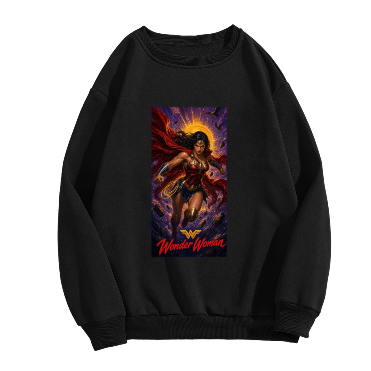 Standalone men's crewneck sweatshirt front displaying a graphic of a lasso-wielding warrior posed before a radiant sun halo