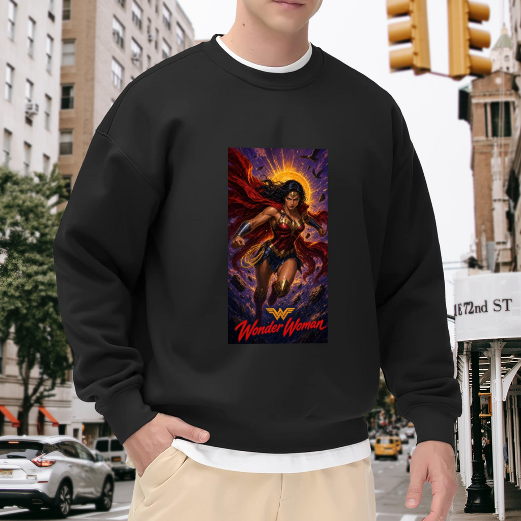 Men's crewneck sweatshirt worn outside, with the camera facing the graphic of a lasso-wielding warrior posed before a radiant sun halo